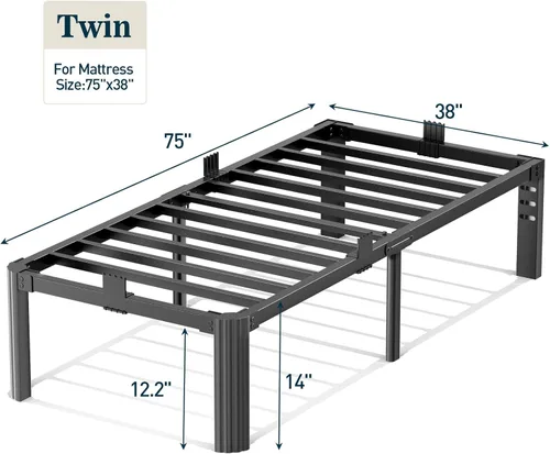 Vista 3 de Base de cama individual de 14 pulgadas, 3500 libras, plataforma de metal resistente sin ruido con retenedores de tapones de colchón, compatible