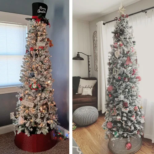 Vista 7 de Árbol de Navidad artificial de lápiz flocado con luces de 7.5 pies, árbol de Navidad preiluminado artificial con 350 luces transparentes, árboles