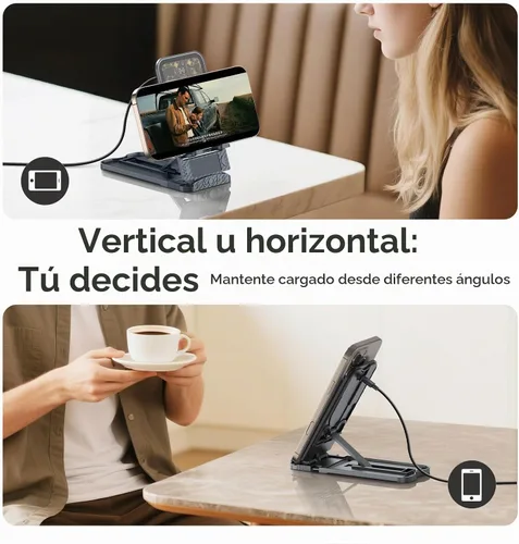 Vista 6 de Paquete de 2 cargadores de teléfono inalámbricos rápidos de 15 W, estación de carga inalámbrica plegable para teléfono celular compatible con iPhone
