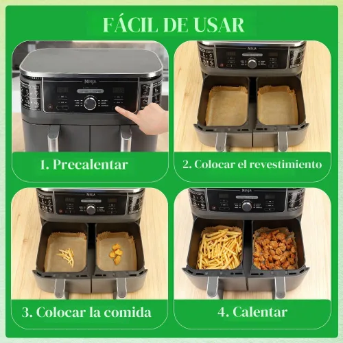 Vista 7 de BYKITCHEN 300 piezas de revestimientos para freidora de aire para Ninja Dual Airfryer, papel pergamino desechable rectangular para freidora de aire