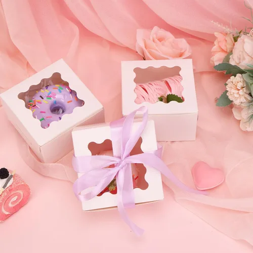 Vista 5 de TOMNK 100pcs White Small Cake Boxes with Window, 4x4x2.5 Inch Small Cookie Boxes with Window, Bakery Boxes for Small Cake, Treats, Donuts, Candy