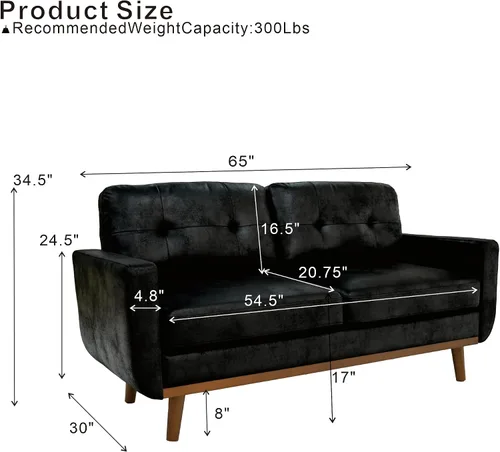 Vista 2 de 65 inch Wide Loveseat Sofa, Mid Century Modern Small Room Couch with Solid Wood Legs Button Tufted Upholstered Sofa for Living Room Bedroom (Black)