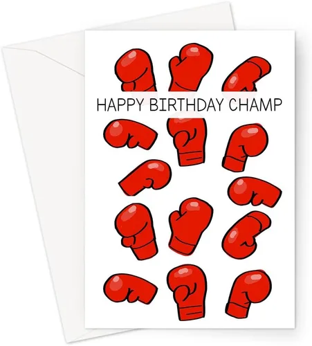 Vista 7 de Tarjeta de cumpleaños de broma de boxeo, boxeador, fanático del boxeo, él, tarjeta de cumpleaños moderna de dibujos animados rojos