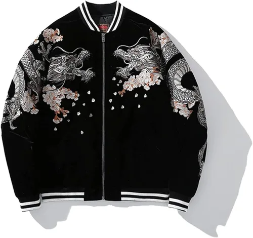 Vista 5 de Chaqueta de béisbol para hombre con bordado de dragón Hip Hop