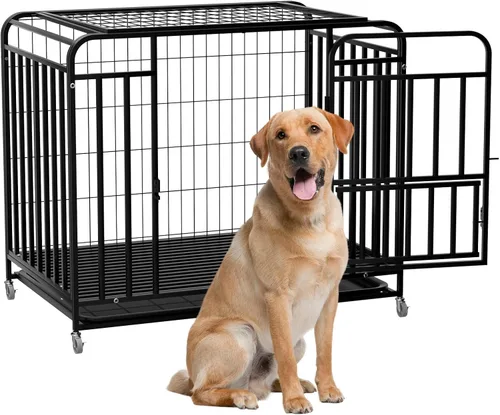 Vista 9 de Jaula resistente y fácil de limpiar de 42 pulgadas con doble puerta extraíble, a prueba de escapes, jaula grande para perros con ruedas