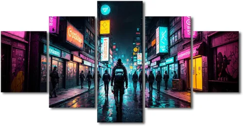 Vista 110 de Póster de 5 paneles en lienzo para decoración de pared, diseño de centro urbano Cyberpunk, impresión moderna, decoración de pared para el hogar