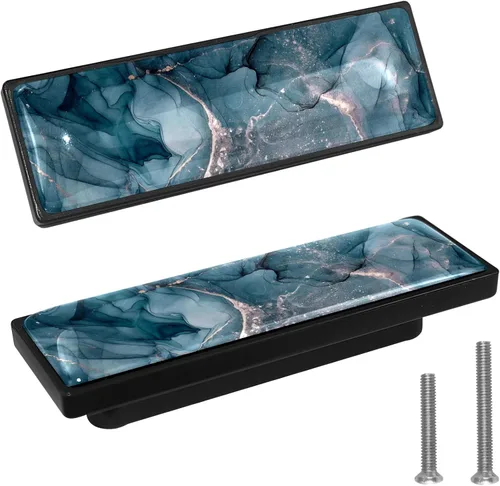 Vista 13 de LORVIES Paquete de 4 pomos decorativos de mármol de 3.6 pulgadas para gabinete, vidrio ABS largo rectangular negro, manijas de puerta de cajón