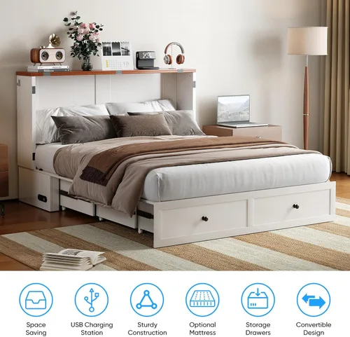 Vista 5 de PUREMIND Cama Murphy de tamaño completo con gabinete, marco de cama escondite multifuncional con cajones de almacenamiento, puertos de carga USB