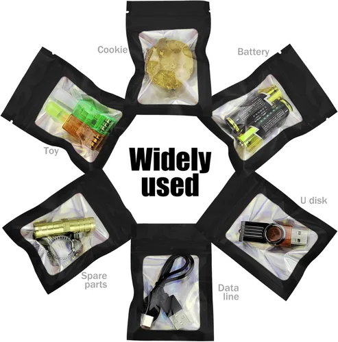 Vista 6 de 50 bolsas de Mylar negras de 2.7 x 3.9 pulgadas con ventana transparente, bolsa holográfica resellable para almacenamiento de alimentos, joyas