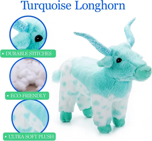 Vista 5 de The Petting Zoo Longhorn - Peluche de animal de peluche, regalos para niños, animales salvajes de la vida silvestre, juguete de peluche turquesa
