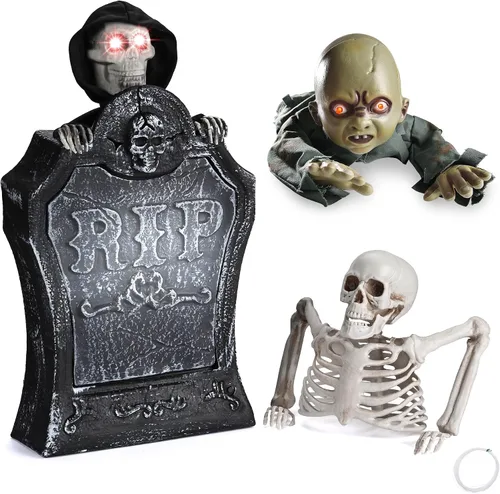 Vista 8 de AW Lápida animada de Halloween de 15 pulgadas y medio esqueleto con bebé gateando de 8 pulgadas