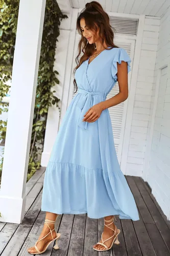 Vista 6 de PRETTYGARDEN - Vestido floral para mujer estilo bohemio, cruzado, con cuello en V, manga corta, con cinturón, dobladillo con volantes, acampanado