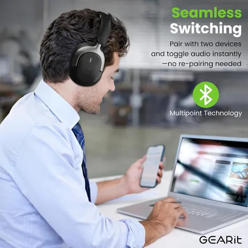 Vista 5 de GEARit Auriculares Bluetooth sobre la oreja compatibles con iPhone y Android, auriculares con cancelación de ruido, inalámbricos, multipunto, tiempo