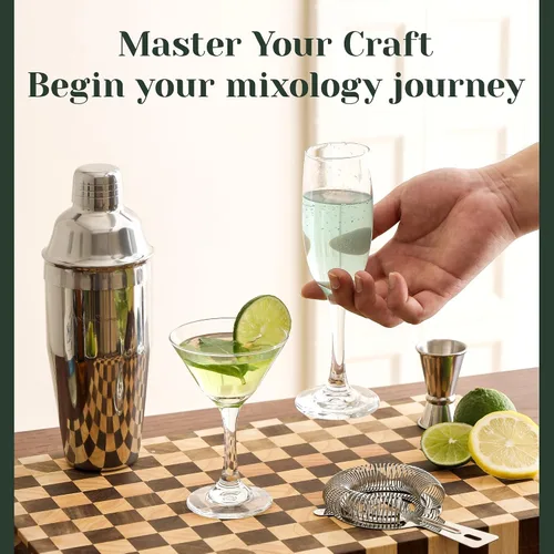 Vista 7 de Juego de coctelera, kit de camarero de bar de 24 piezas con soporte, coctelera de Martini, jigger, colador, cuchara mezcladora, muddler, vertedores