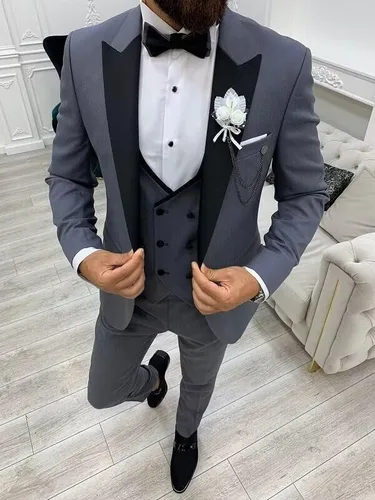 Vista 3 de HUUTOE Trajes de graduación ajustados de 3 piezas para hombre, esmoquin negros para hombres, traje de doble botonadura para hombre, traje de boda