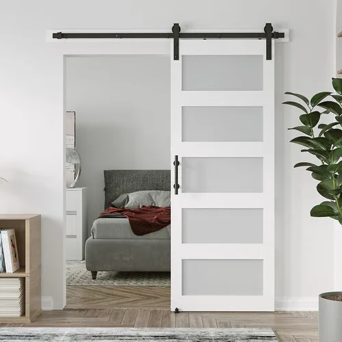 Vista 14 de Puerta corrediza de granero de vidrio de 5 paneles de 32 pulgadas x 84 pulgadas con kit de herrajes de 4 pies Blanco