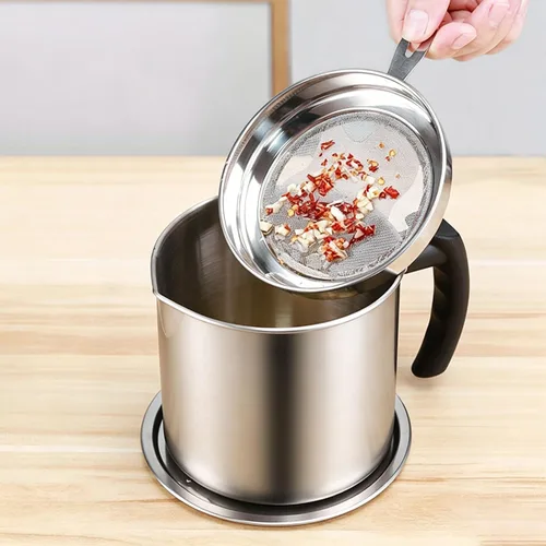 Vista 2 de Contenedor de grasa con filtro de malla fina olla tanque de almacenamiento de aceite de cocina (1.8 L plateado)