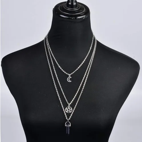 Vista 2 de MJartoria Collar de pentagrama de luna collar de chakra de cristal colgante con dije cadena de aleación multicapa conjunto de gargantilla joyería