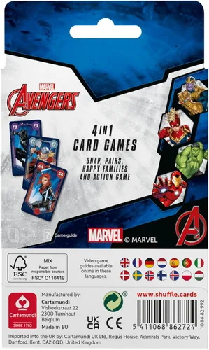 Vista 3 de Shuffle Juego de cartas de los Vengadores para niños – Broche 4 en 1, pares, familias felices y juego de acción, guía de juego incluida, gran regalo