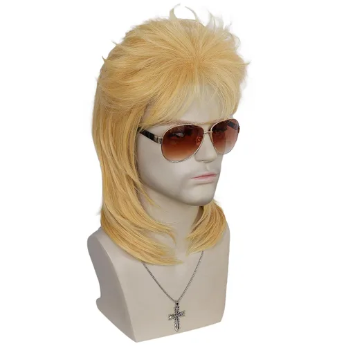 Vista 4 de Anogol Gorro de pelo + juego de 3 piezas (1 gafas + 1 collar), pelucas rubias de salmonete para hombres, peluca de los años 70 y 80 para fiesta