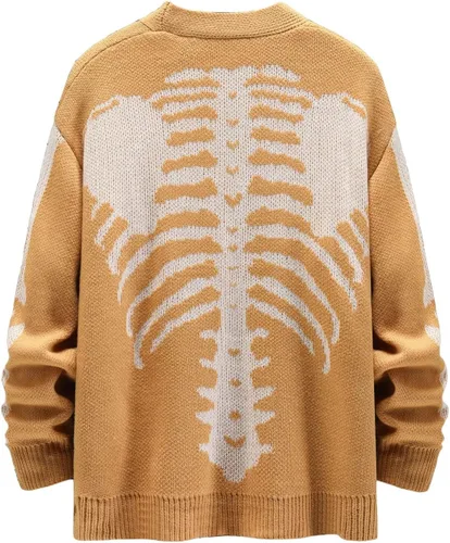 Vista 2 de SHENHE Cárdigan de manga larga con estampado de esqueleto para hombre, cuello en V, con botones