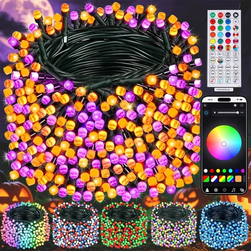 Vista 12 de 300 luces LED de Halloween, cadena de luces de Halloween de 98.5 pies con 8 modos de iluminación, mini luz impermeable y conectable, enchufe