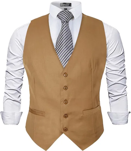 Vista 2 de Alizeal Chaleco de Traje de Negocios Clásico de Color Sólido para Hombre de Ajuste Regular Chaleco de Esmoquin para Boda Caqui