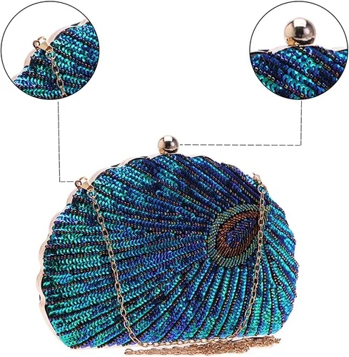 Vista 2 de LIFEWISH Bolso de noche único con lentejuelas de lujo para mujer, para boda, novia, fiesta, graduación, bolso de mano (azul pavo real)