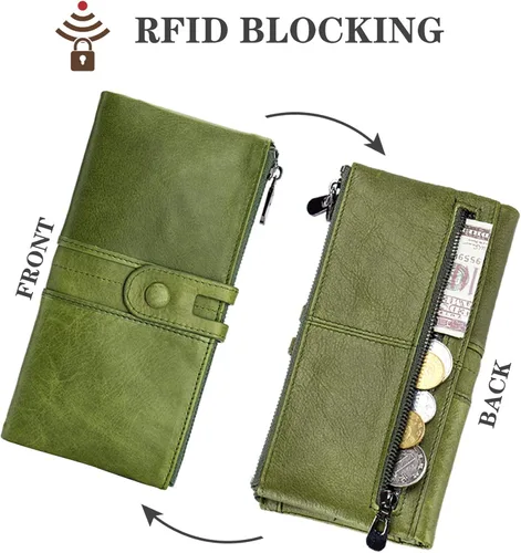 Vista 3 de Roulens Cartera para mujer de gran capacidad de cuero genuino plegable con bloqueo RFID tarjetero con bolsillo con cremallera