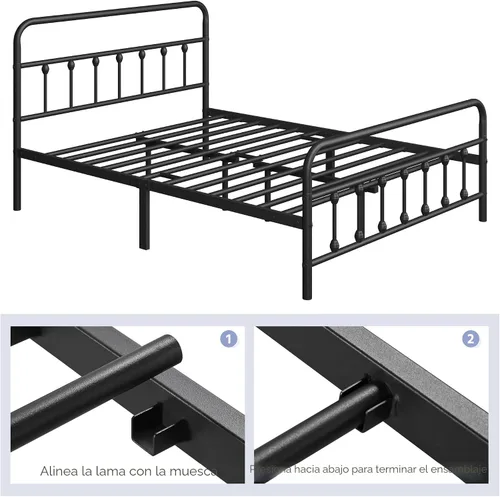 Vista 7 de Yaheetech Marco de cama con plataforma de metal, cabecero y estribo Negro