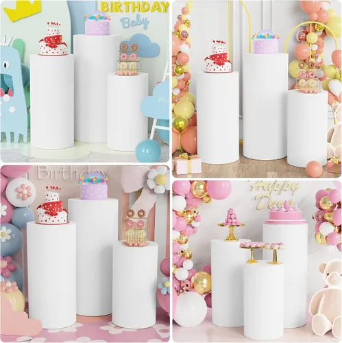 Vista 6 de Putros Cubiertas de pedestal de cilindro blanco, 3 piezas, cubierta de soporte de zócalo de cilindro de elastano para fiesta, boda, decoración