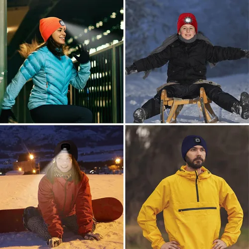 Vista 6 de SUNPRO Gorro LED con luz, gorro de punto iluminado, gorra recargable, regalos cálidos de invierno para hombres, mujeres, perros, caminar, acampar