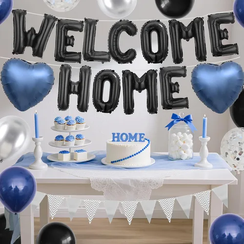 Vista 6 de Decoraciones Welcome Home Negro Azul Plateado, Pancarta de Globos de Papel de Aluminio Negro Welcome Home con Globos de Corazón Azul Marino Banderín