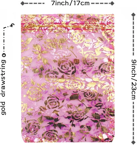 Vista 2 de Paquete de 100 bolsas de organza con cordón de 7 x 9 pulgadas, bolsa de regalo de joyería de organza con cordón para regalos de boda (flor fucsia)