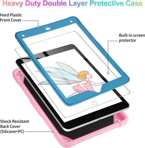 Vista 2 de VOFUOE Funda para iPad de 6ª/5ª generación con protector de pantalla para iPad 9.7, 2018 2017, correa de soporte de mariposa, muñecos, portalápices