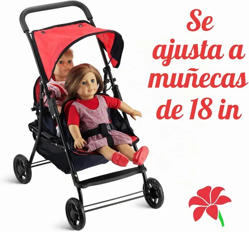 Vista 5 de Hushlily® Tandem - Cochecito de muñeca doble con toldo ajustable y cesta, plegable, con ruedas suaves (rojo y azul)