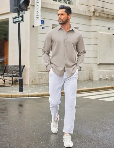 Vista 9 de COOFANDY Camisa de vestir casual de mezclilla con botones y manga larga para hombre