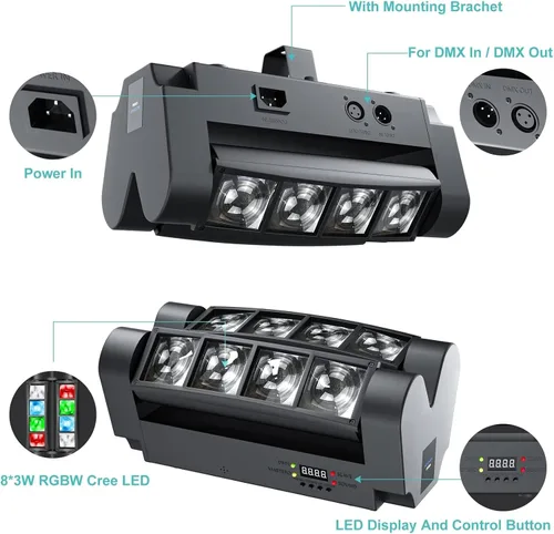 Vista 3 de BETOPPER Luz de escenario, luz de DJ de cabeza móvil para fiestas, luz LED de araña RGBW de 8 x 3 W, activada por sonido y control DMX-512