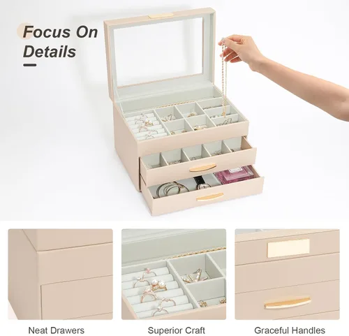 Vista 5 de V-LAFUYLIFE Organizador de joyas, caja de joyería de cuero de 3 niveles con 2 cajones, joyero para mujeres y niñas, caja de joyería de gran