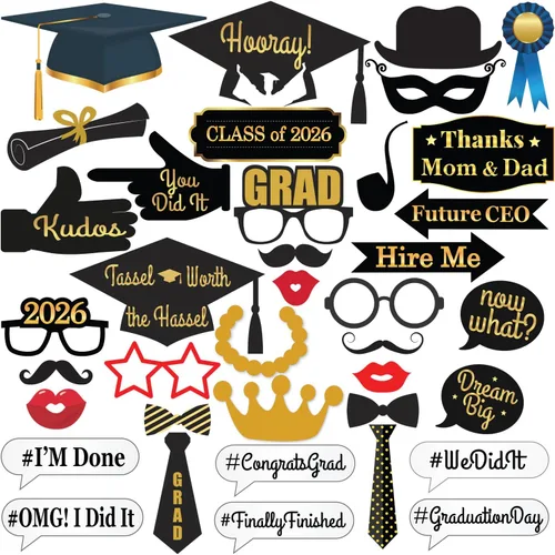 Vista 2 de KatchOn, Accesorios para cabina de fotos de graduación – Paquete de 40 Accesorios de fotos de graduación negro y dorado, decoraciones