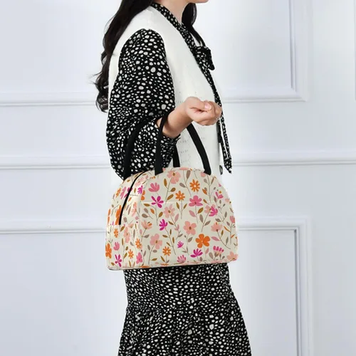 Vista 7 de Pequeñas flores patrón de follaje rosa naranja beige claro portátil lonchera mujeres aisladas bolsas de almuerzo para mujeres para camping bolsos