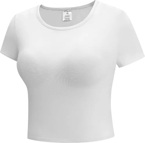 Vista 2 de Camisetas cortas de manga corta para mujer, camisetas básicas de cuello redondo
