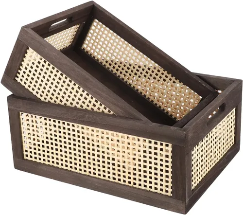 Vista 7 de Cesta de madera negra, cesta de almacenamiento de ratán para organizar, 14.96 x 11.02 x 6.30 pulgadas Negro