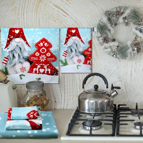 Vista 5 de Preboun Juego de 3 toallas de baño navideñas de gnomo, toallas de mano con árbol de Navidad, toallas de baño con copos de nieve de invierno, toallas