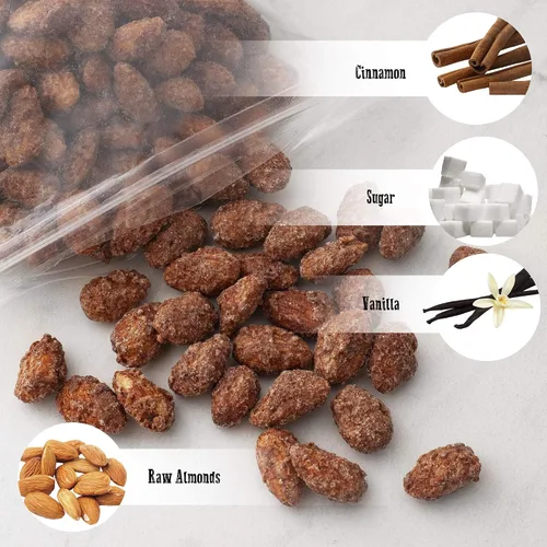 Vista 4 de Pop'N Nuts Almendras tostadas con canela, 24 onzas de nueces glaseadas dulces confitadas Roasted in a German copper kettle. Cinnamon, vanilla and