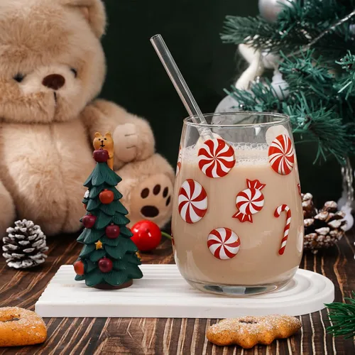 Vista 5 de Whaline 2 copas de vino sin tallo de Navidad de 17 onzas con tema de caramelo de Navidad, vasos de bastón de caramelo, vasos para suministros