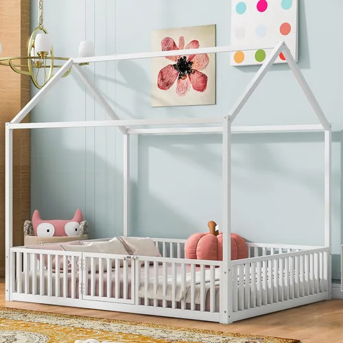Vista 13 de Cama juguetona en forma de casa de tamaño matrimonial con estantes y luces, marco de cama de metal con techo para niños, adolescentes y adultos, un