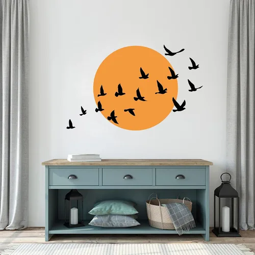 Vista 2 de Calcomanía de pared de pájaros y sol, círculos grandes con pájaros, arte de pared minimalista, calcomanías de pared modernas para sala de estar