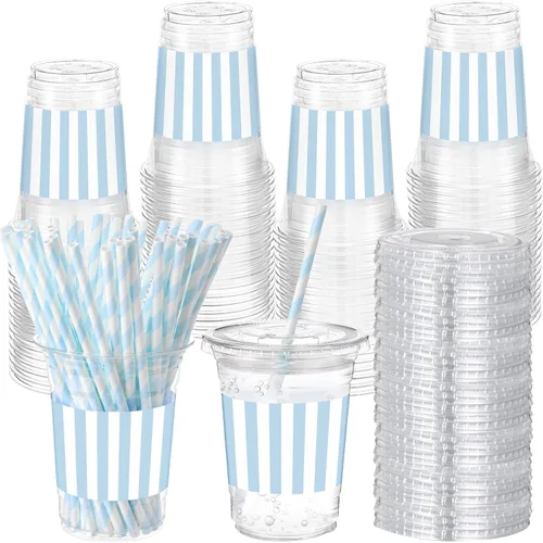 Vista 16 de Sliner 50 juegos de vasos de plástico a cuadros de 16 onzas con tapas y pajitas de papel, vasos desechables transparentes para fiesta de autos
