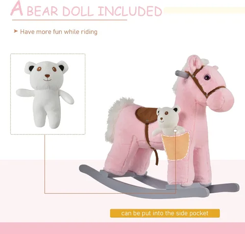 Vista 8 de Qaba Caballo mecedor de peluche para niños con juguete de oso, silla para niños con juguete de felpa suave y divertidos sonidos realistas, rosa